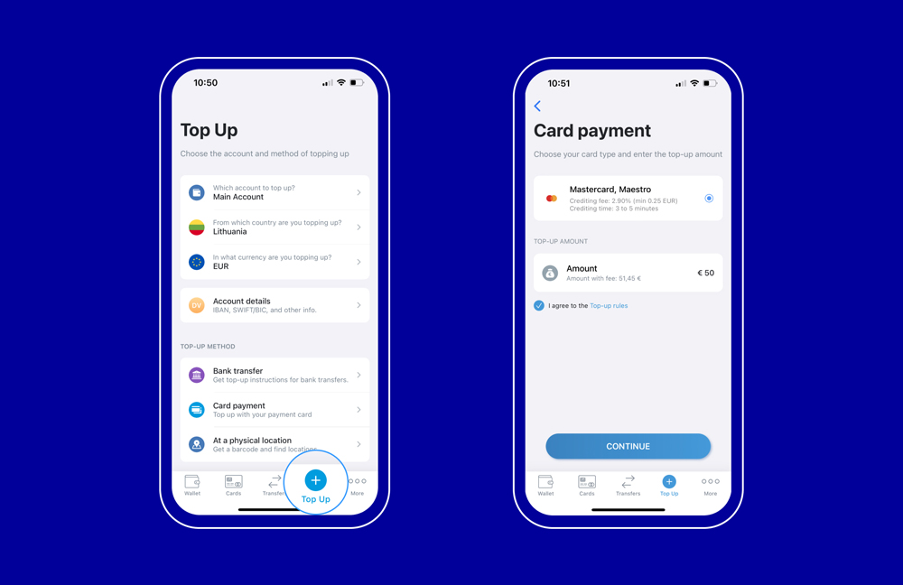 Kaip papildyti Paysera sąskaitą naudojant Mastercard arba Maestro kortelę per Paysera programėlę?